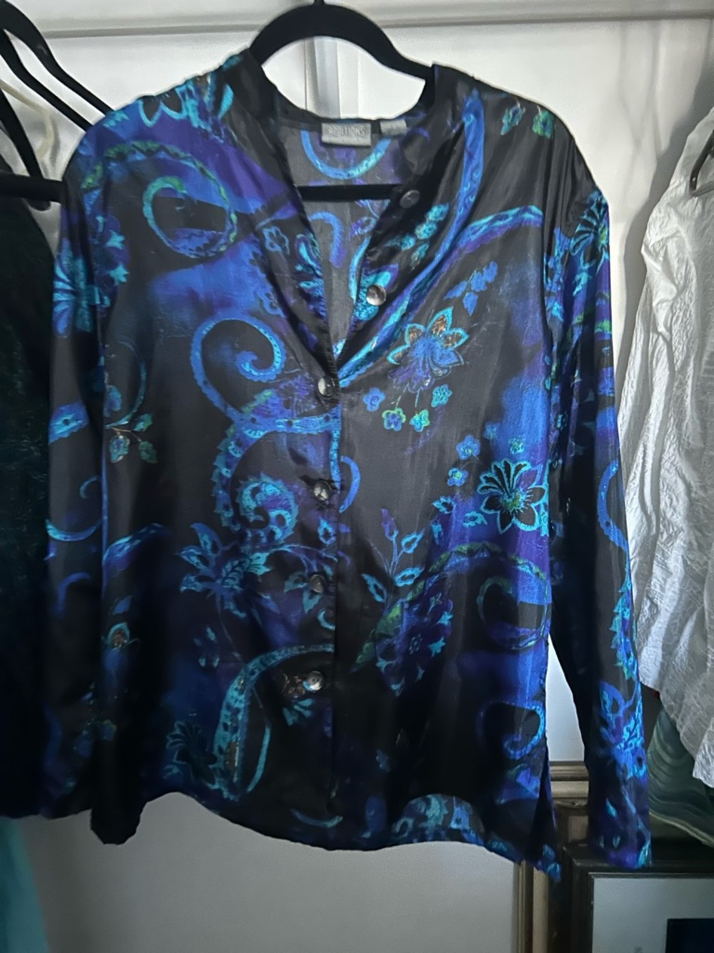 Chico's Additions by Chico’s Black Shirt with Blue & Teal Floral Swirl Print